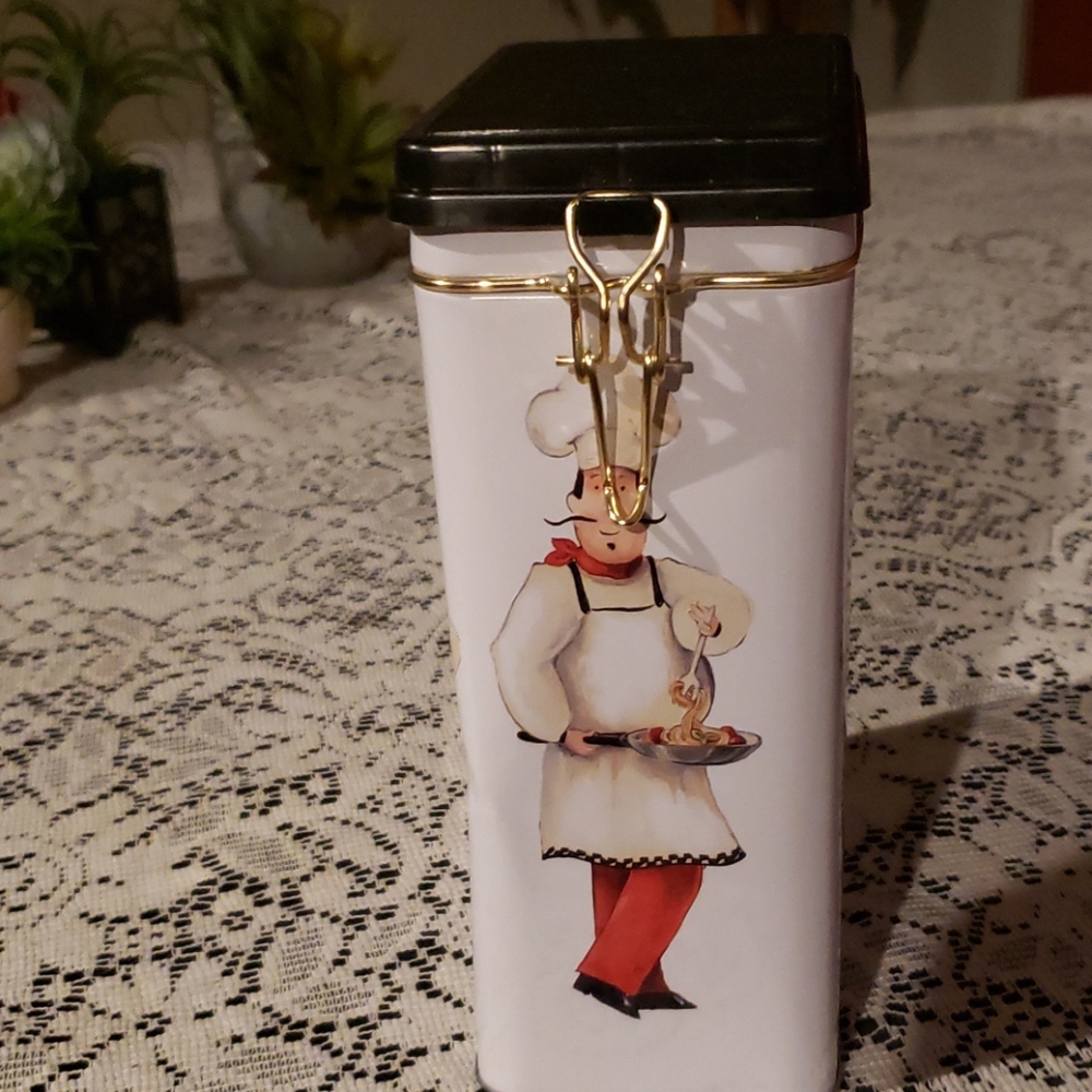Chef Themed Tin Canister with attached lid. - Picture 2 of 6